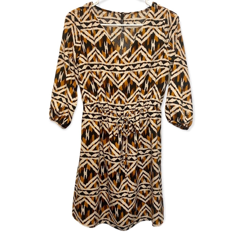 Brown Tan Long Sleeve Pattern Dress Women’s Small